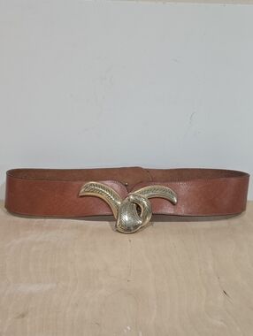 Vintage Brown Leather Waist Belt with Decorative Gold Buckle